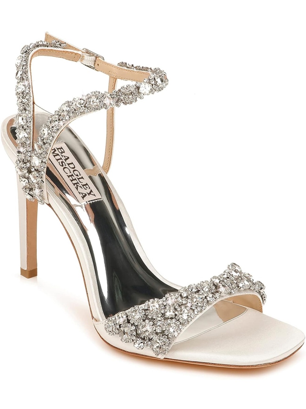 Badgley Mischka Olympia Crystal Silver Satin Ankle-Strap Heels Size 10